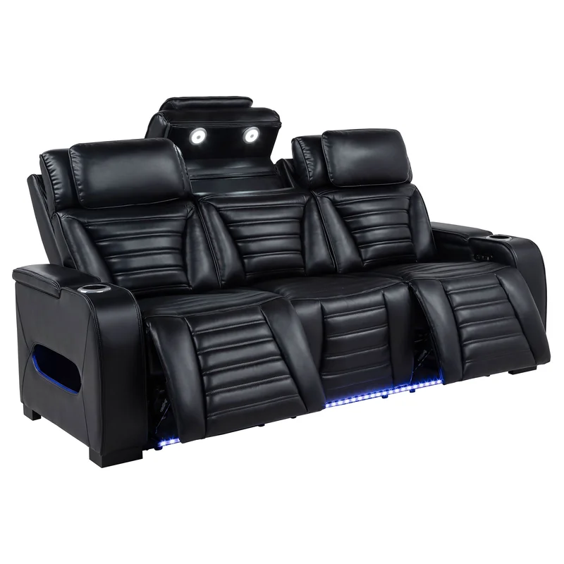 Zuma Faux Leather Dual Power Reclining LED Sofa Black