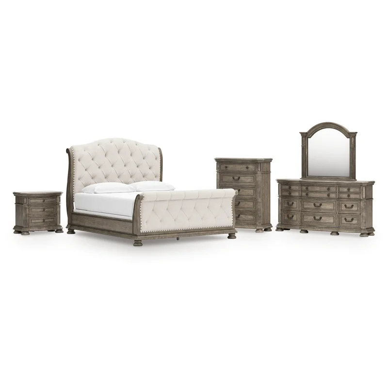 Ardenfield California King Upholstered Sleigh Bed Dresser Mirror Chest and Nightstand