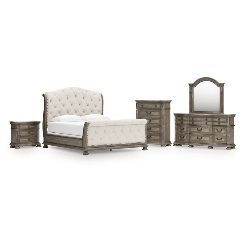 Ardenfield King Upholstered Sleigh Bed Dresser Mirror Chest and Nightstand