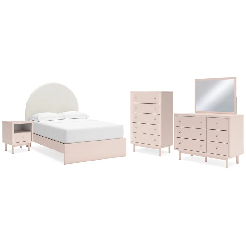Wistenpine Full Upholstered Panel Bed with Mirrored Dresser Chest and Nightstand