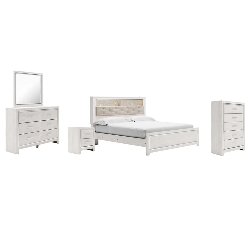 Altyra King Panel Bookcase Bed with Mirrored Dresser Chest and Nightstand
