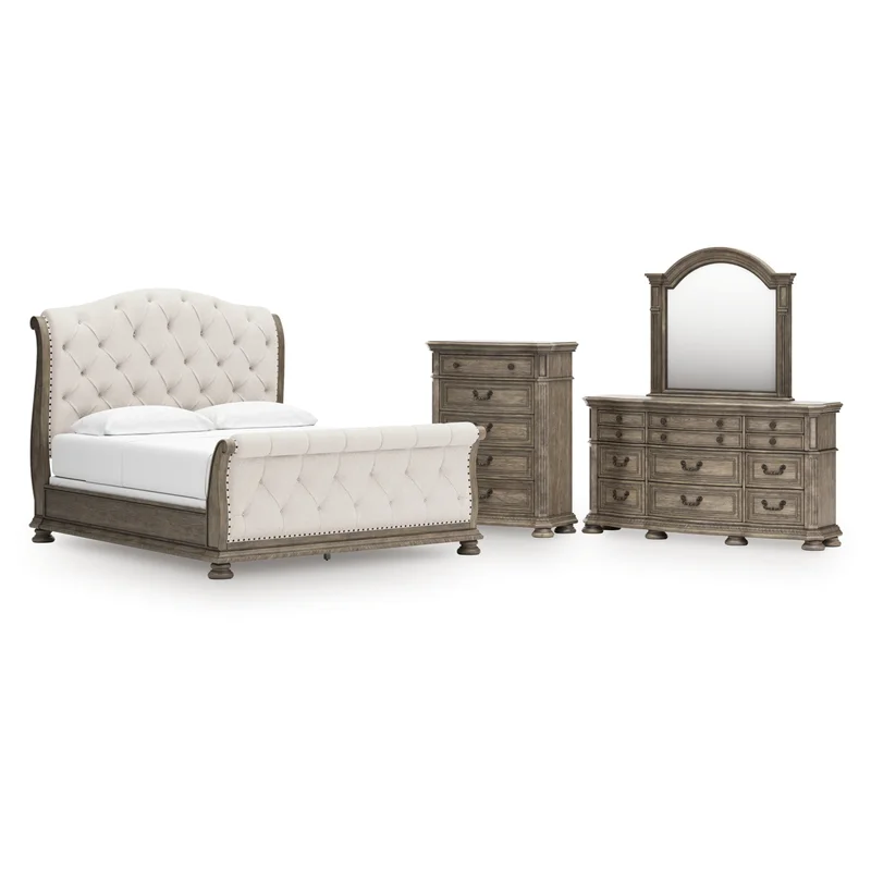 Ardenfield California King Upholstered Sleigh Bed Dresser Mirror and Chest