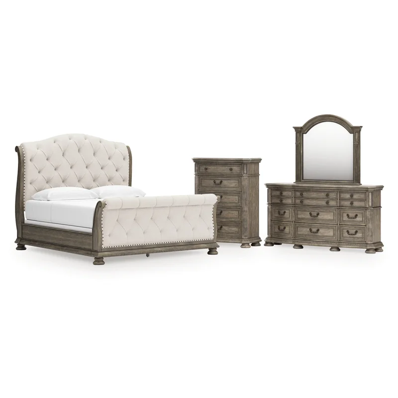 Ardenfield King Upholstered Sleigh Bed Dresser Mirror and Chest