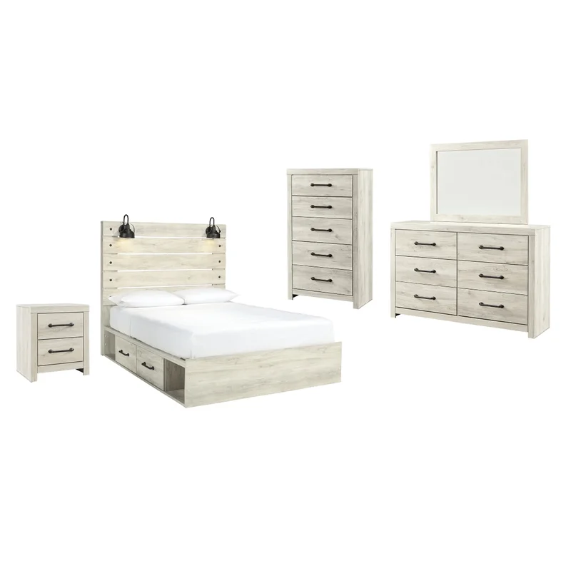Cambeck Queen Panel Bed with 4 Storage Drawers with Mirrored Dresser Chest and Nightstand