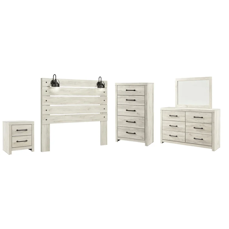 Cambeck Queen Panel Headboard Bed with Mirrored Dresser Chest and Nightstand