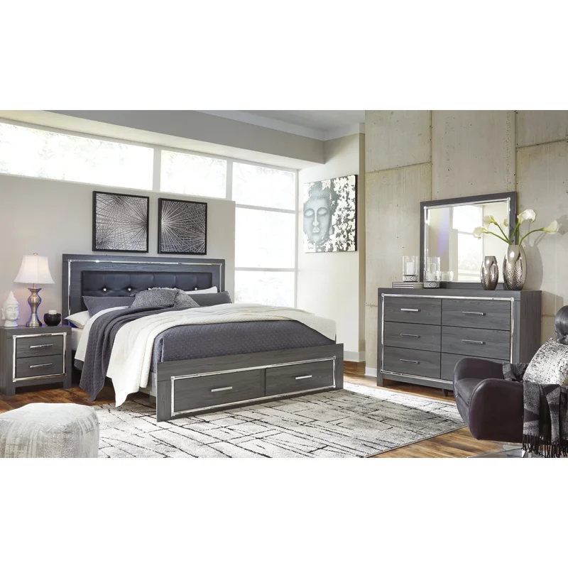 Lodanna King Panel Bed with 2 Storage Drawers with Mirrored Dresser Chest and Nightstand