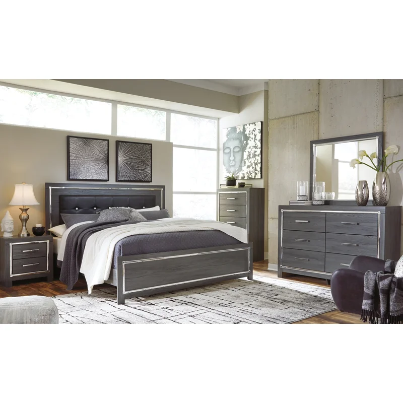 Lodanna King Panel Bed with Mirrored Dresser Chest and Nightstand