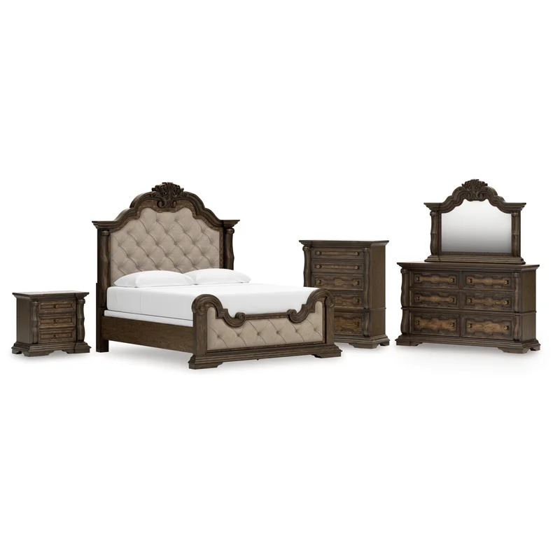 Maylee King Upholstered Bed Dresser Mirror Chest and Nightstand
