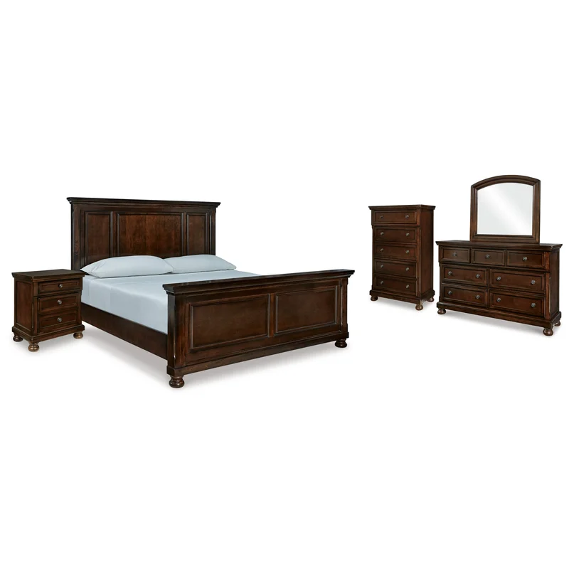 Porter King Panel Bed with Mirrored Dresser Chest and Nightstand