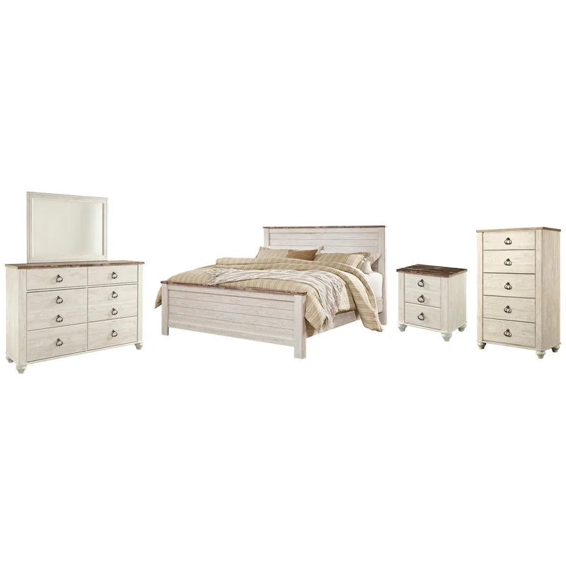 Willowton California King Panel Bed with Mirrored Dresser Chest and Nightstand