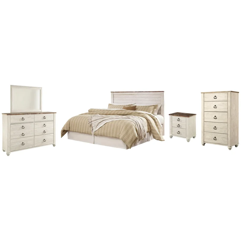 Willowton King/California King Panel Headboard Bed with Mirrored Dresser Chest and Nightstand