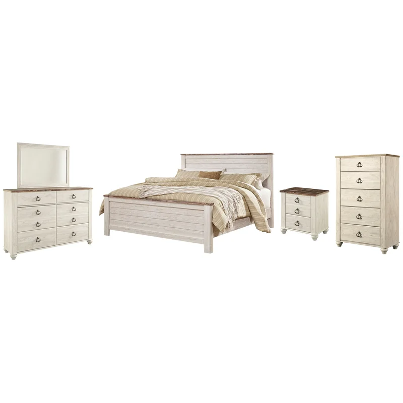 Willowton King Panel Bed with Mirrored Dresser Chest and Nightstand