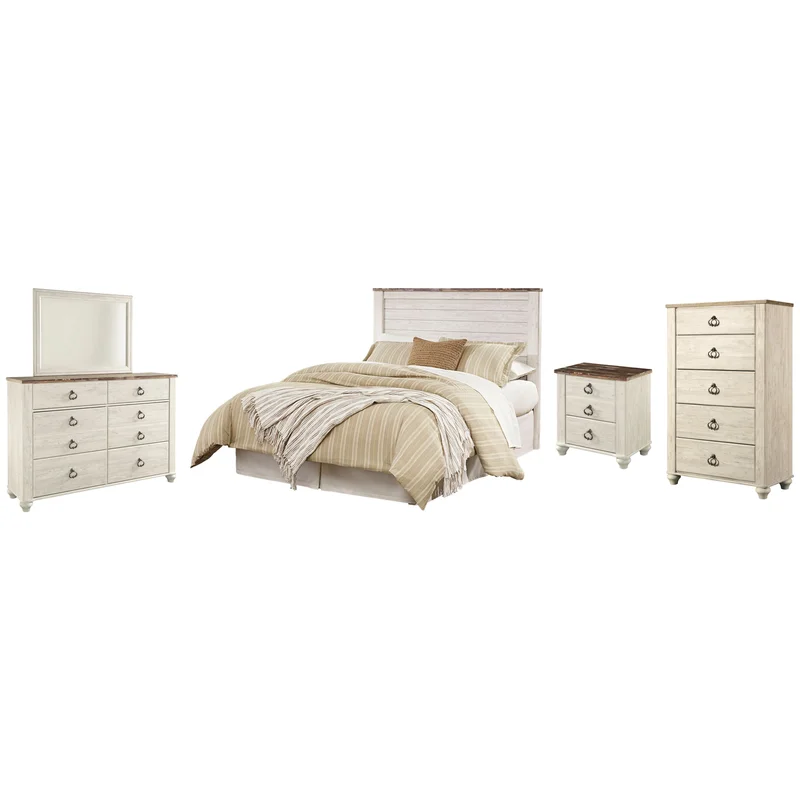 Willowton Queen/Full Panel Headboard Bed with Mirrored Dresser Chest and Nightstand