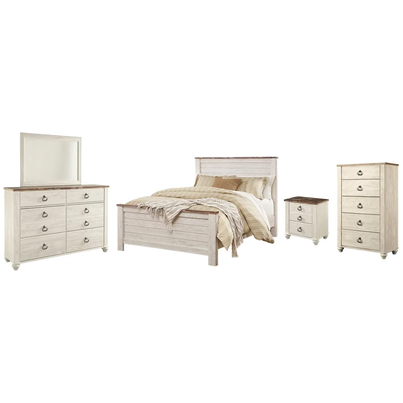 Willowton Queen Panel Bed with Mirrored Dresser Chest and Nightstand