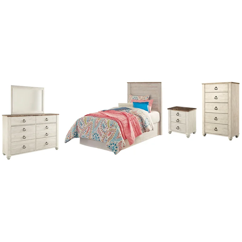 Willowton Twin Panel Headboard Bed with Mirrored Dresser Chest and Nightstand