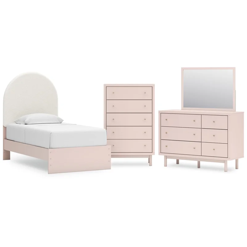 Wistenpine Twin Upholstered Panel Bed with Mirrored Dresser and Chest
