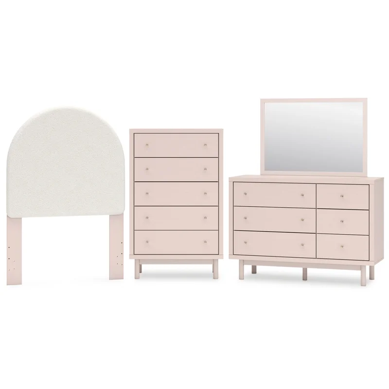 Wistenpine Twin Upholstered Panel Headboard with Mirrored Dresser and Chest