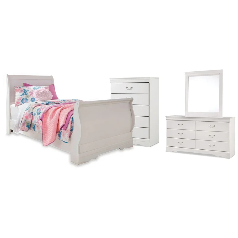 Anarasia Twin Sleigh Bed with Mirrored Dresser and Chest