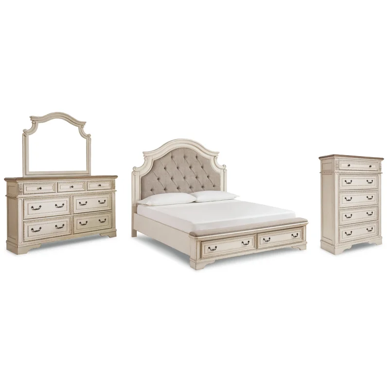 Realyn California King Upholstered Bed with Mirrored Dresser and Chest