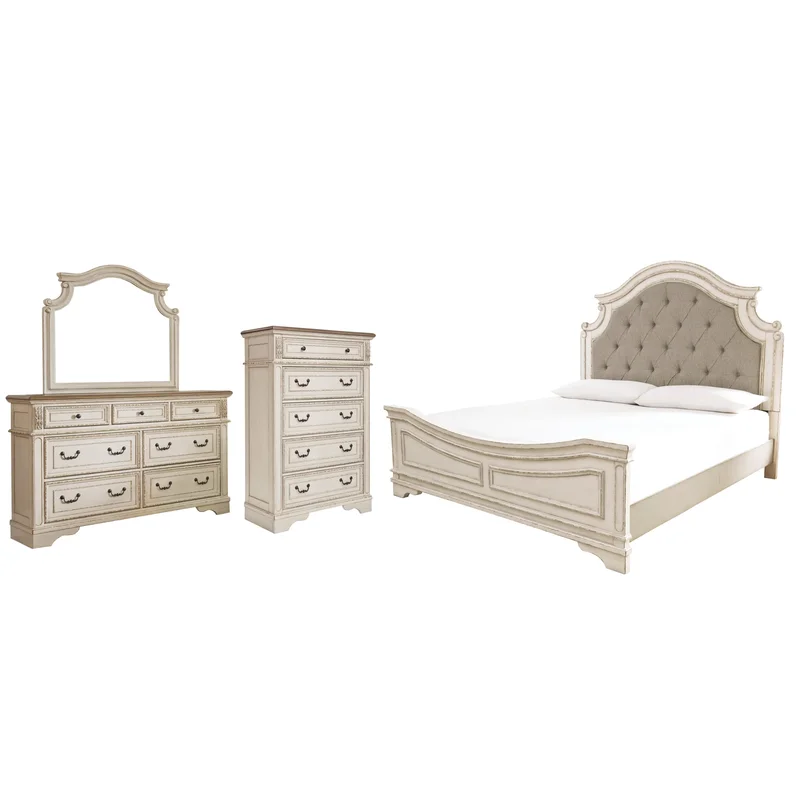 Realyn Queen Upholstered Panel Bed with Mirrored Dresser and Chest