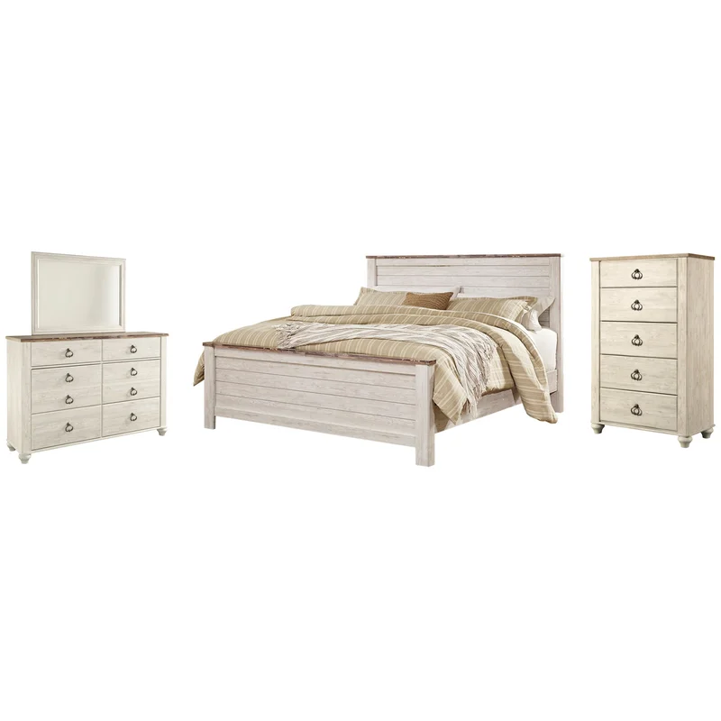 Willowton King Panel Bed with Mirrored Dresser and Chest