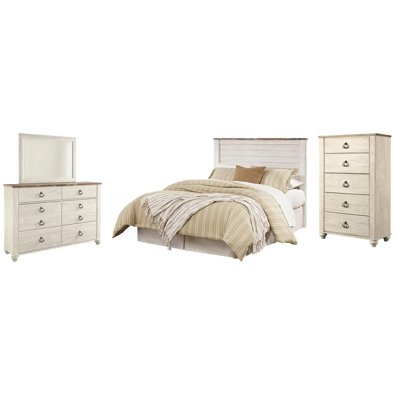 Willowton Queen/Full Panel Headboard Bed with Mirrored Dresser and Chest