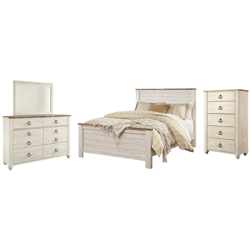 Willowton Queen Panel Bed with Mirrored Dresser and Chest