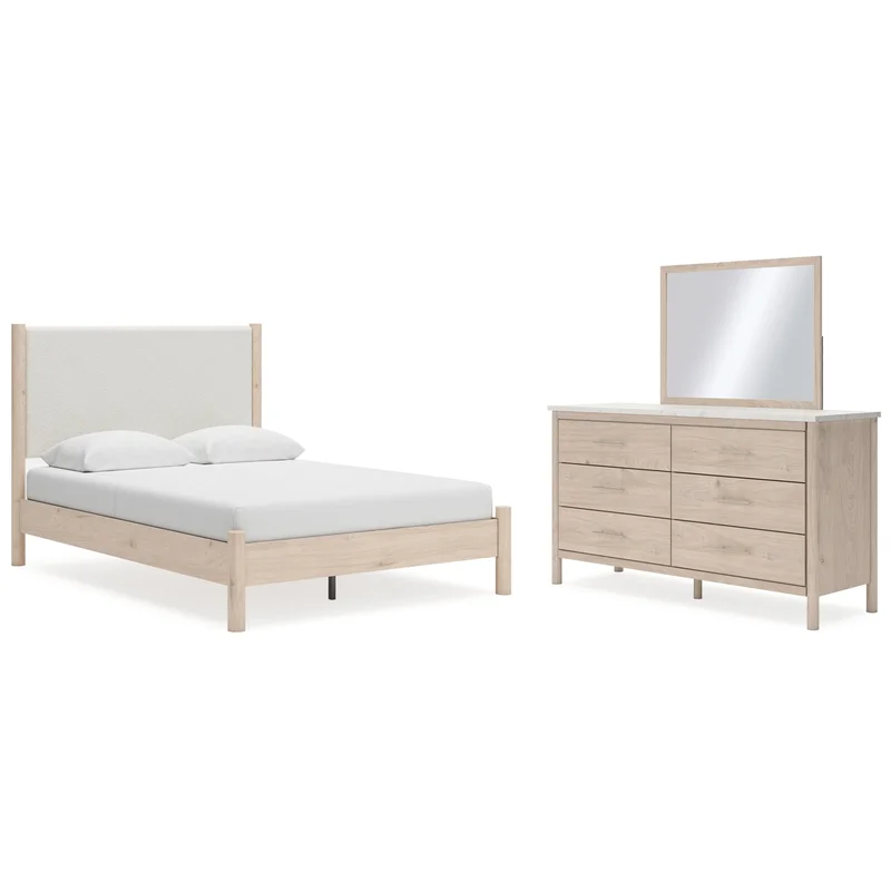 Cadmori Queen Upholstered Panel Bed with Mirrored Dresser