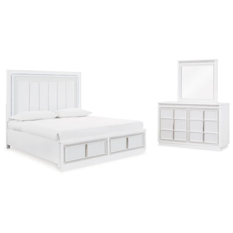 Chalanna Queen Upholstered Storage Bed with Mirrored Dresser