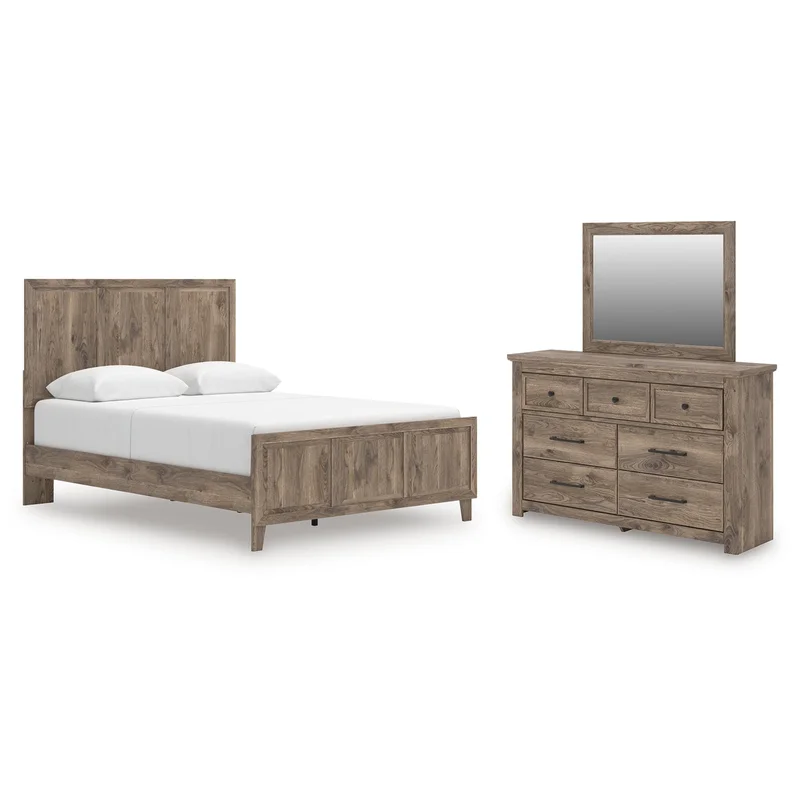 Rusticott Queen Panel Bed with Mirrored Dresser