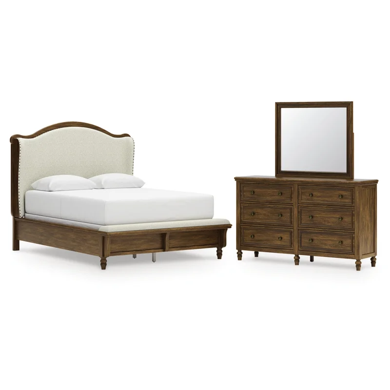 Sturlayne Queen Upholstered Panel Bed Dresser and Mirror