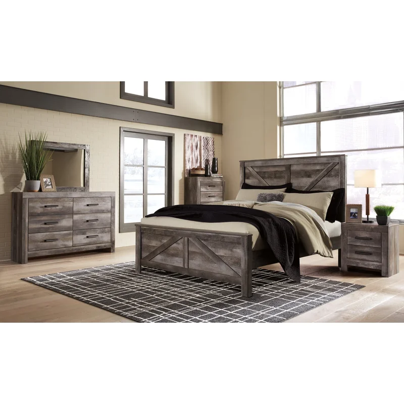 Wynnlow King Crossbuck Panel Bed with Mirrored Dresser