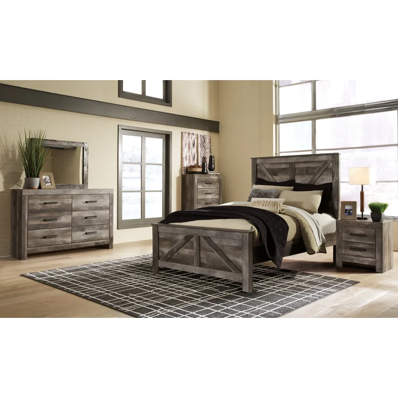 Wynnlow Queen Crossbuck Panel Bed with Mirrored Dresser