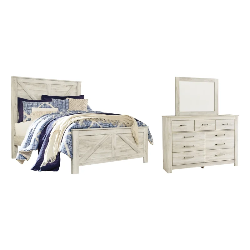 Bellaby Queen Crossbuck Panel Bed with Mirrored Dresser