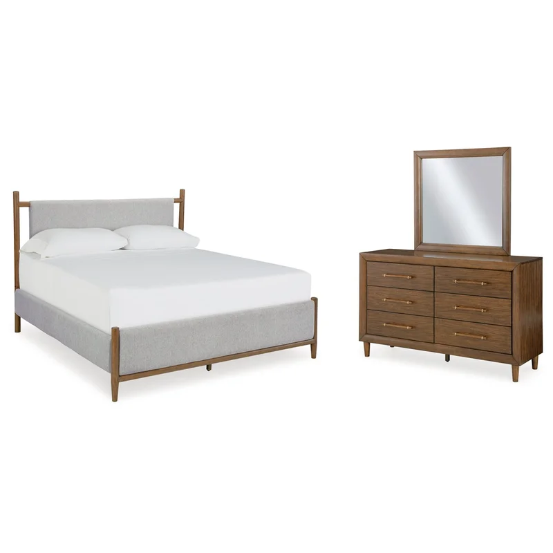 Lyncott Queen Upholstered Bed with Mirrored Dresser
