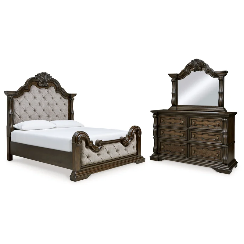 Maylee Queen Upholstered Bed with Mirrored Dresser
