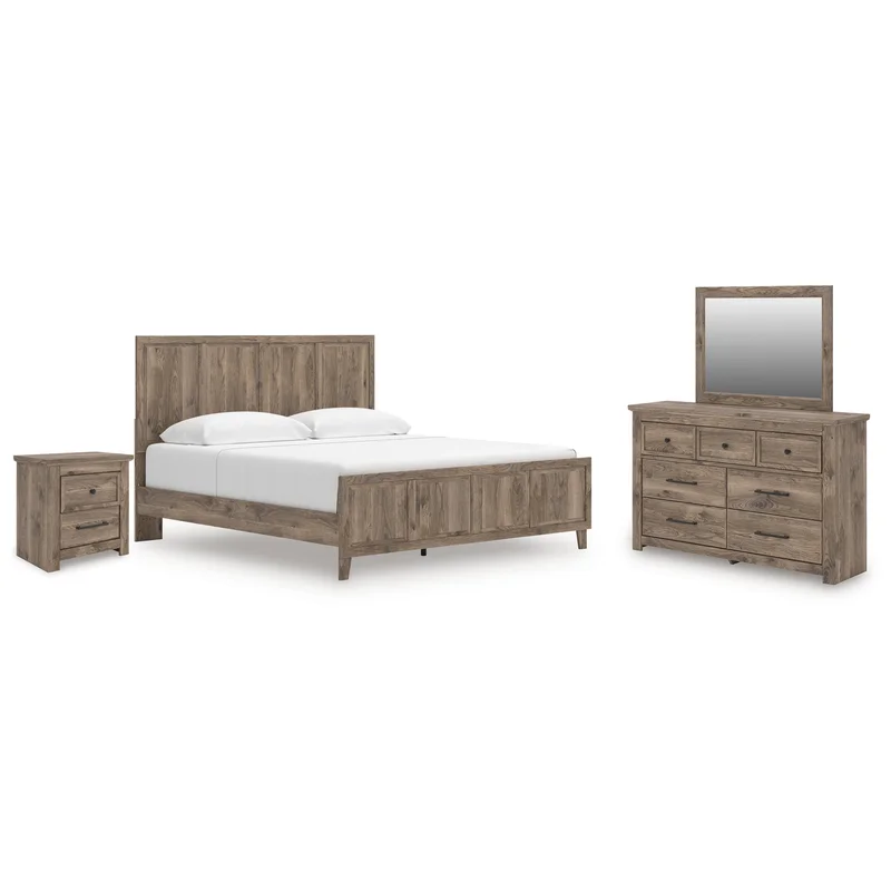 Rusticott King Panel Bed with Mirrored Dresser and Nightstand