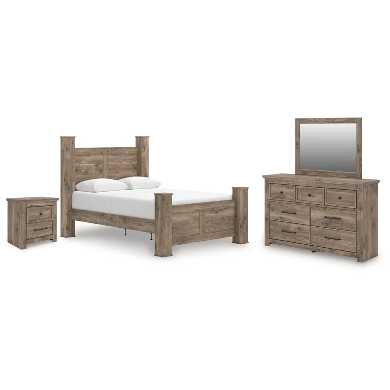 Rusticott Queen Poster Bed with Mirrored Dresser and Nightstand
