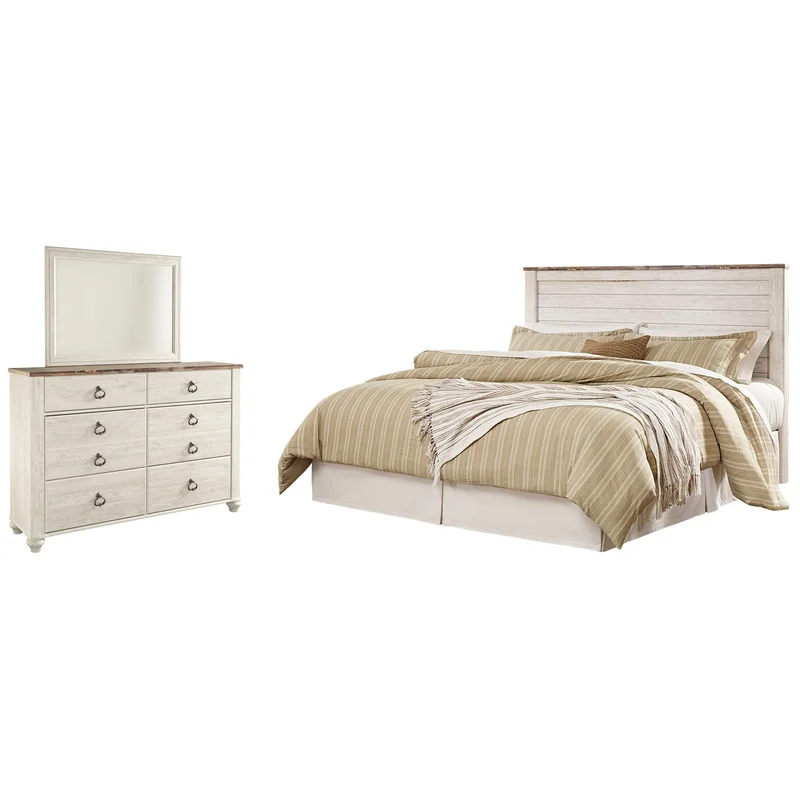 Willowton King/California King Panel Headboard Bed with Mirrored Dresser
