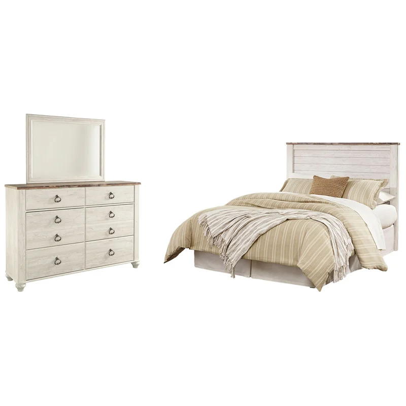 Willowton Queen/Full Panel Headboard Bed with Mirrored Dresser