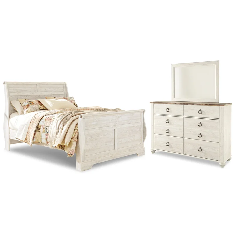 Willowton Queen Sleigh Bed with Mirrored Dresser