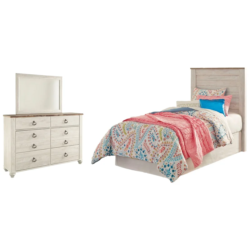 Willowton Twin Panel Headboard Bed with Mirrored Dresser