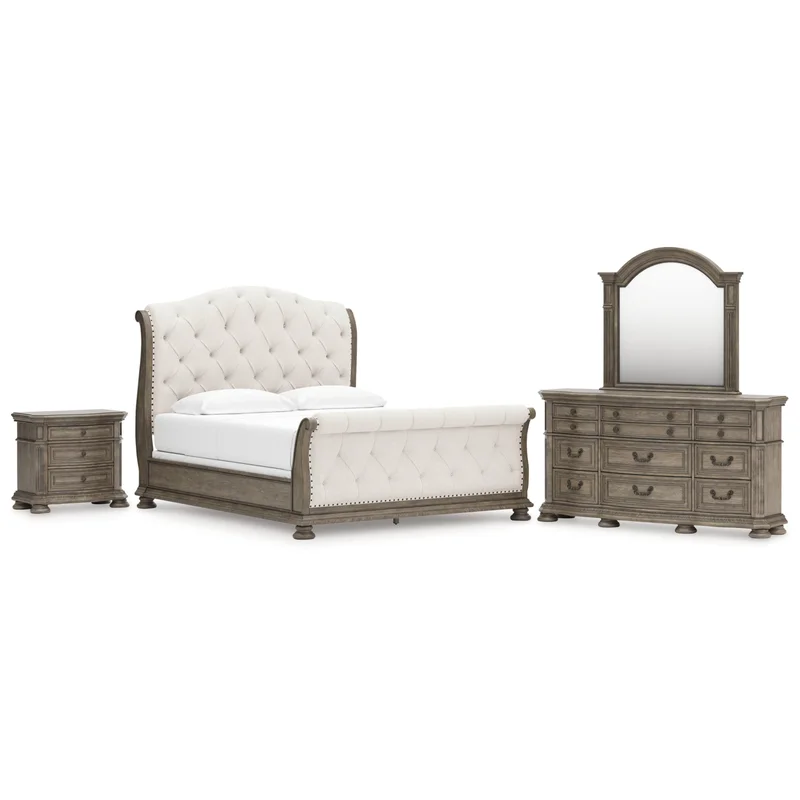 Ardenfield California King Upholstered Sleigh Bed Dresser Mirror and Nightstand