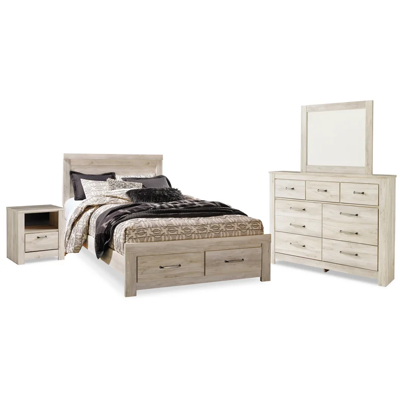 Bellaby Queen Platform Bed with 2 Storage Drawers with Mirrored Dresser and Nightstand