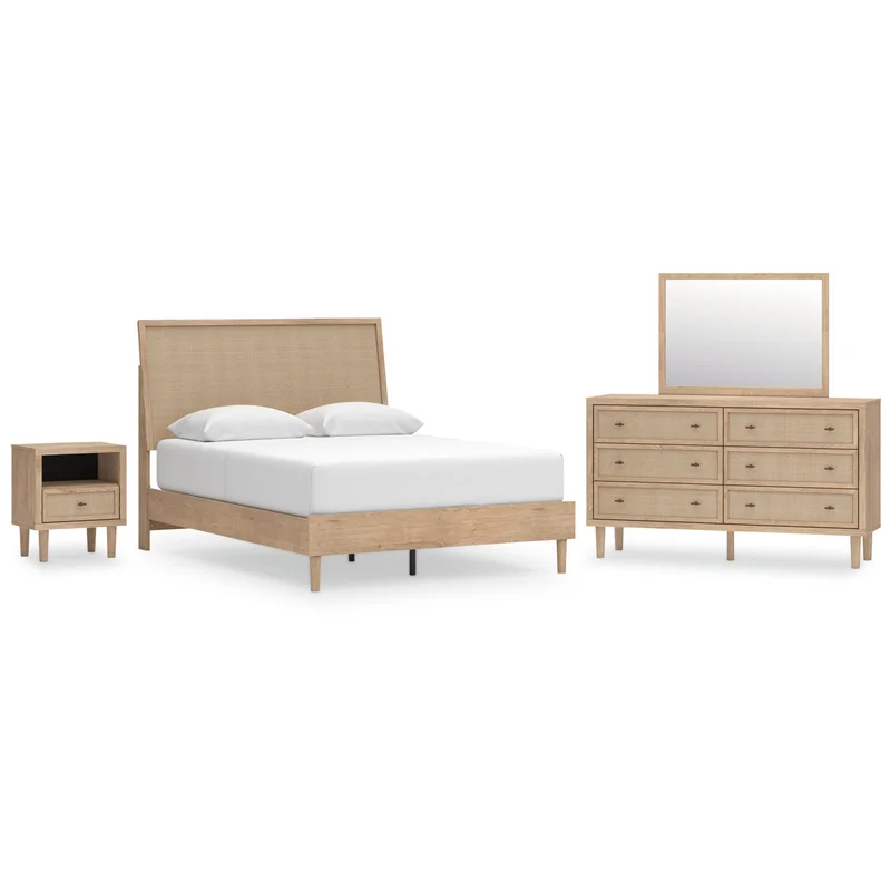 Cielden Queen Panel Bed with Mirrored Dresser and Nightstand