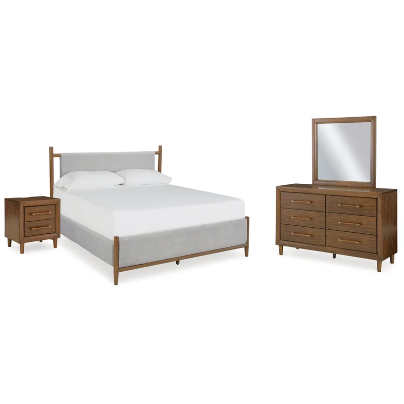 Lyncott Queen Upholstered Bed with Mirrored Dresser and Nightstand