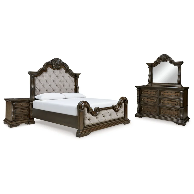 Maylee Queen Upholstered Bed with Mirrored Dresser and Nightstand