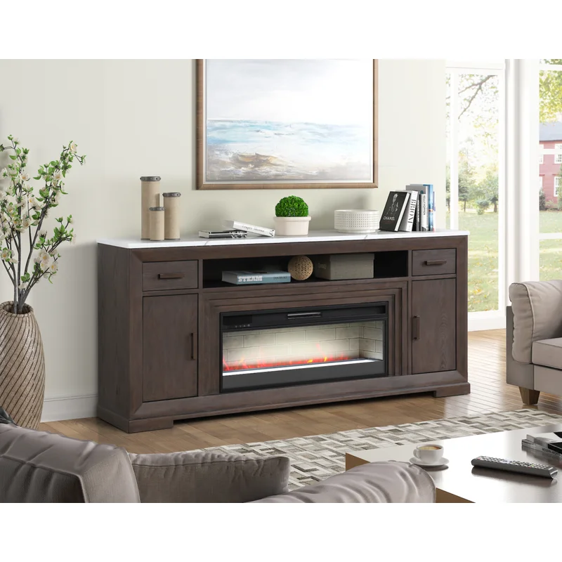 Avalon Media Console with fireplace and faux white marble