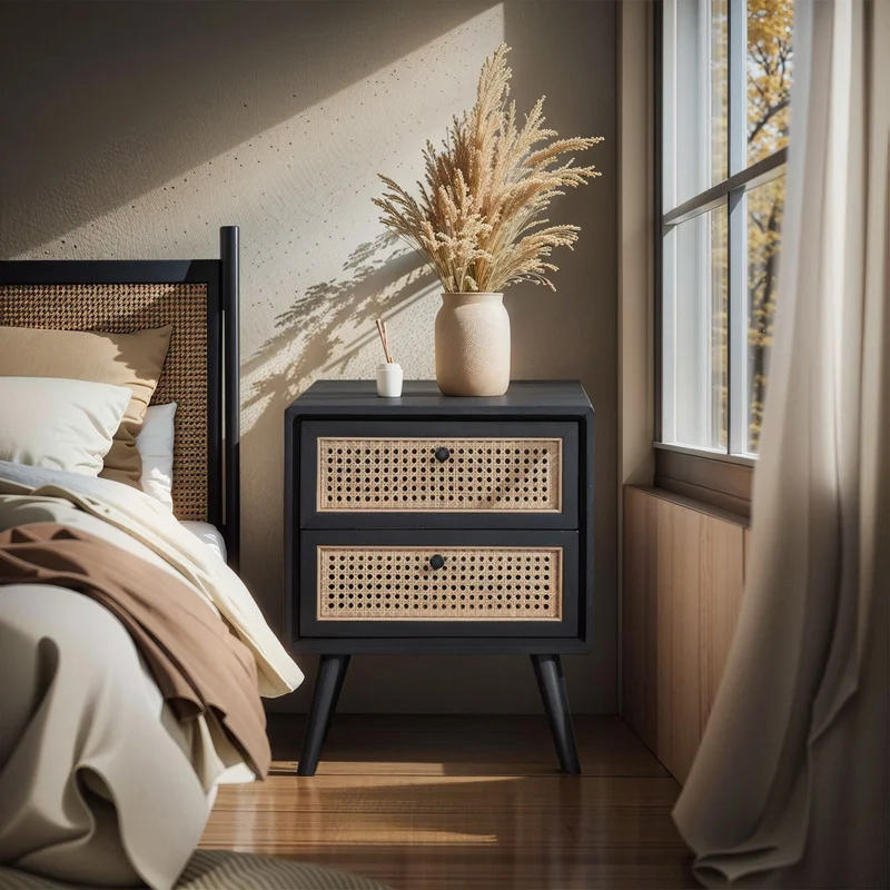 Contemporary Modern Scandinavian Nordic Rattan Bedside Table