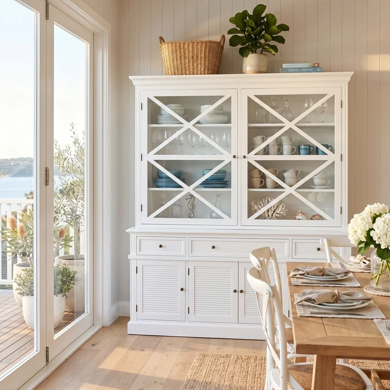 Hamptons Coastal Seaside Glass Hutch Cabinet and Buffet